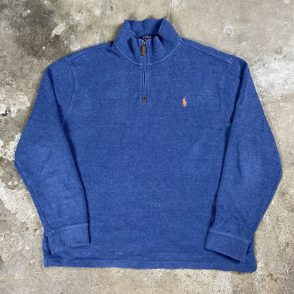 Polo Ralph Lauren French Terry 1/4 Zip Size XL Blue Fleece Orange Pony Logo